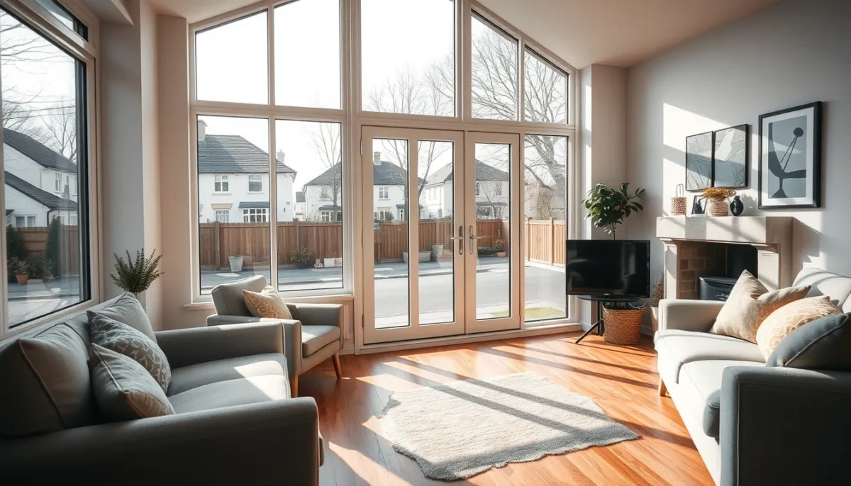 Intérieur confortable avec une grande fenêtre triple vitrage offrant isolation thermique et acoustique