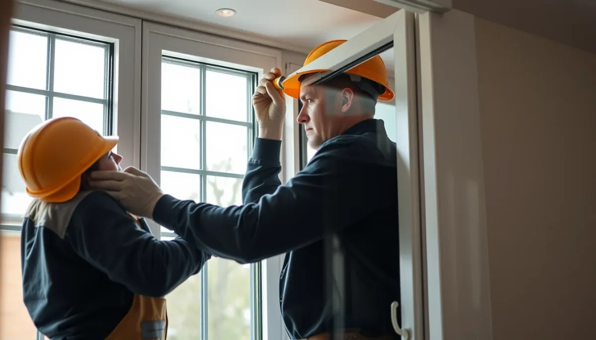Pose d'une fenêtre PVC triple vitrage par un professionnel lors d'une rénovation