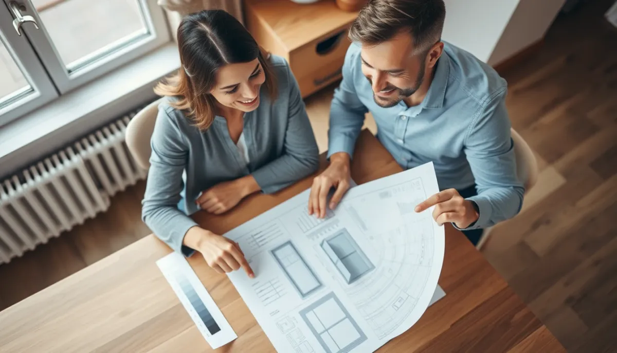 Couple étudiant des devis et un échantillon de fenêtre PVC triple vitrage pour leur projet de rénovation