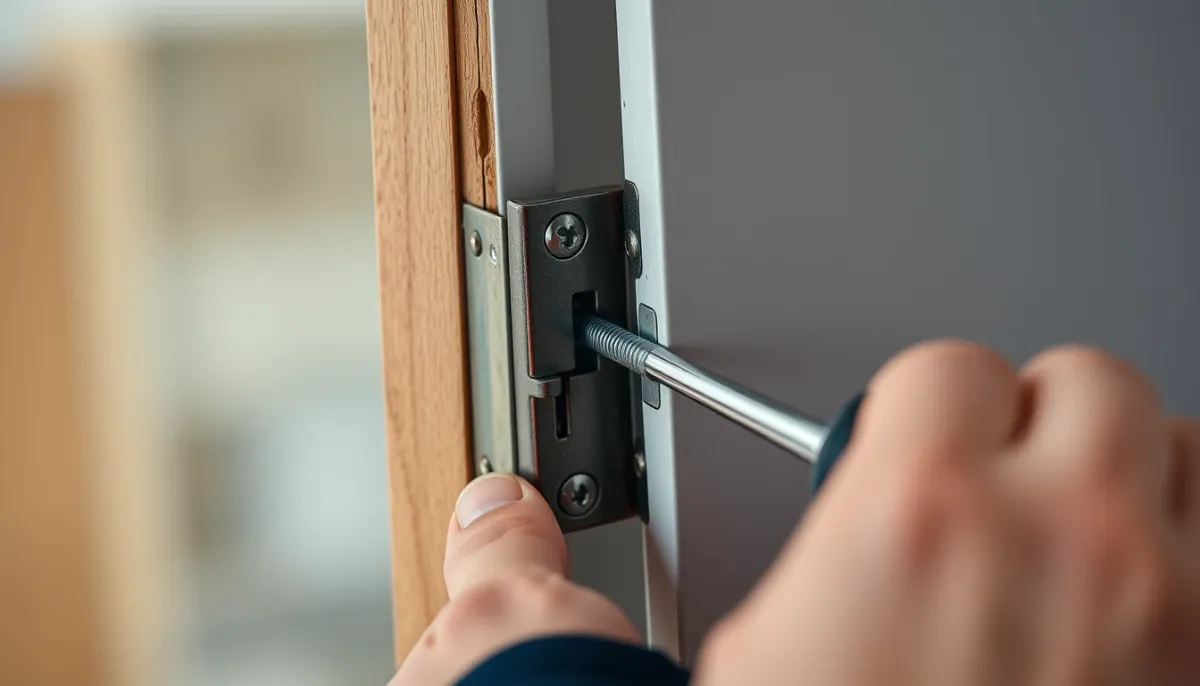 Mains d'une personne resserrant une vis de paumelle avec un tournevis sur une porte d'entrée