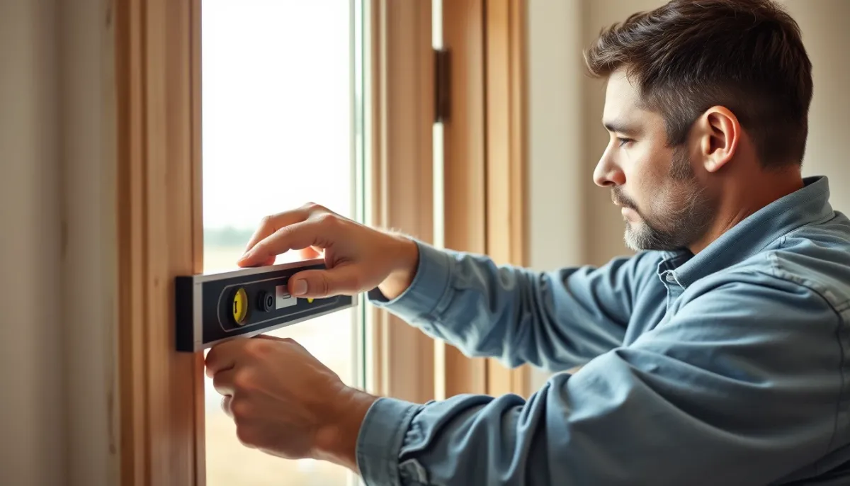 Installateur professionnel vérifiant l'alignement d'une porte d'entrée avec un niveau à bulle