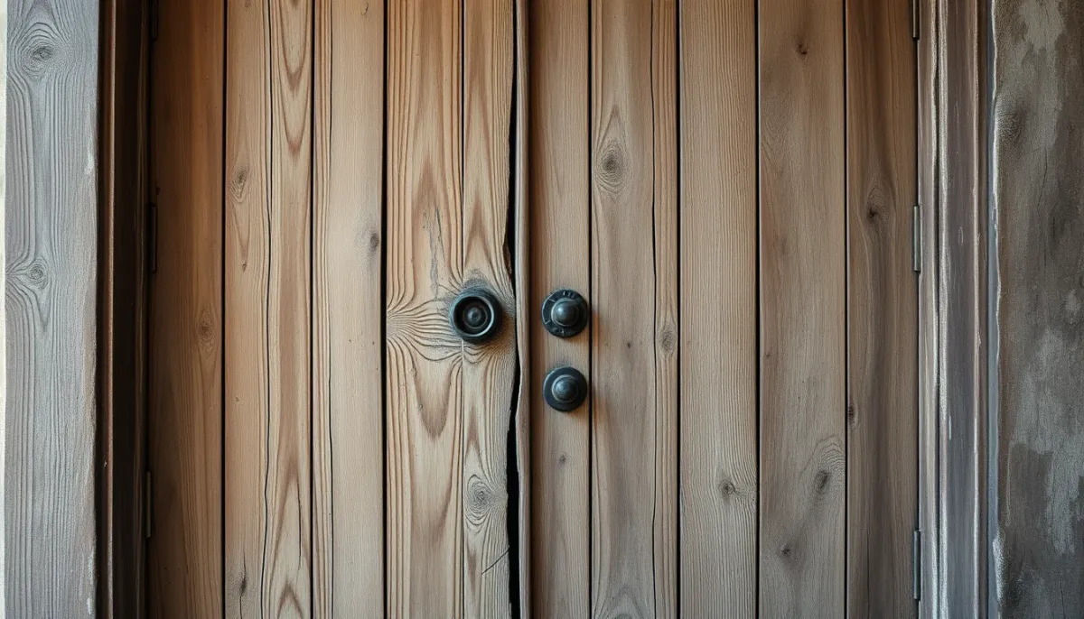 Vieille porte d'entrée en bois usée et légèrement voilée, illustrant les cas où la réparation n'est plus rentable