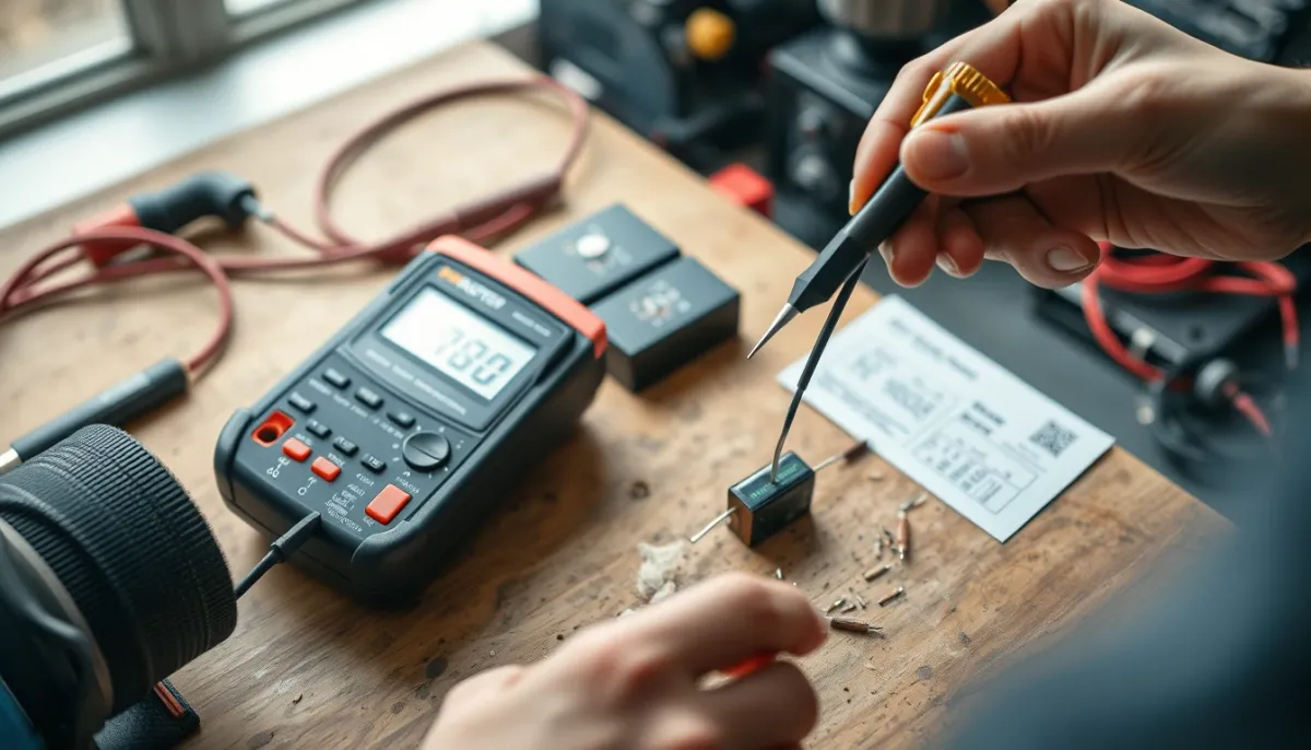 Test d'un condensateur de volet roulant avec un multimètre numérique sur un établi