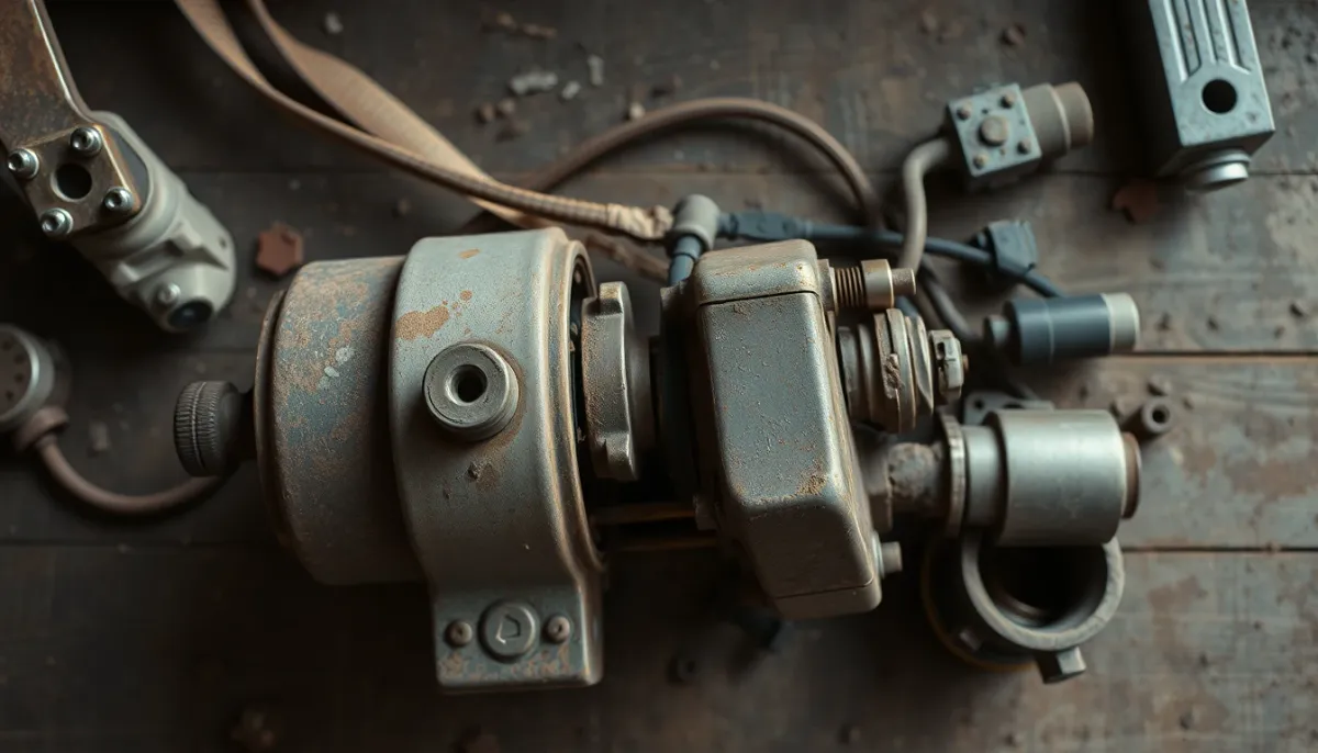 Ancien moteur de volet roulant usé et rouillé posé sur un établi