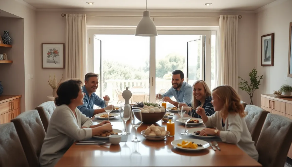 Famille profitant d'un repas dans une pièce de vie ouverte grâce à une baie vitrée K-Line