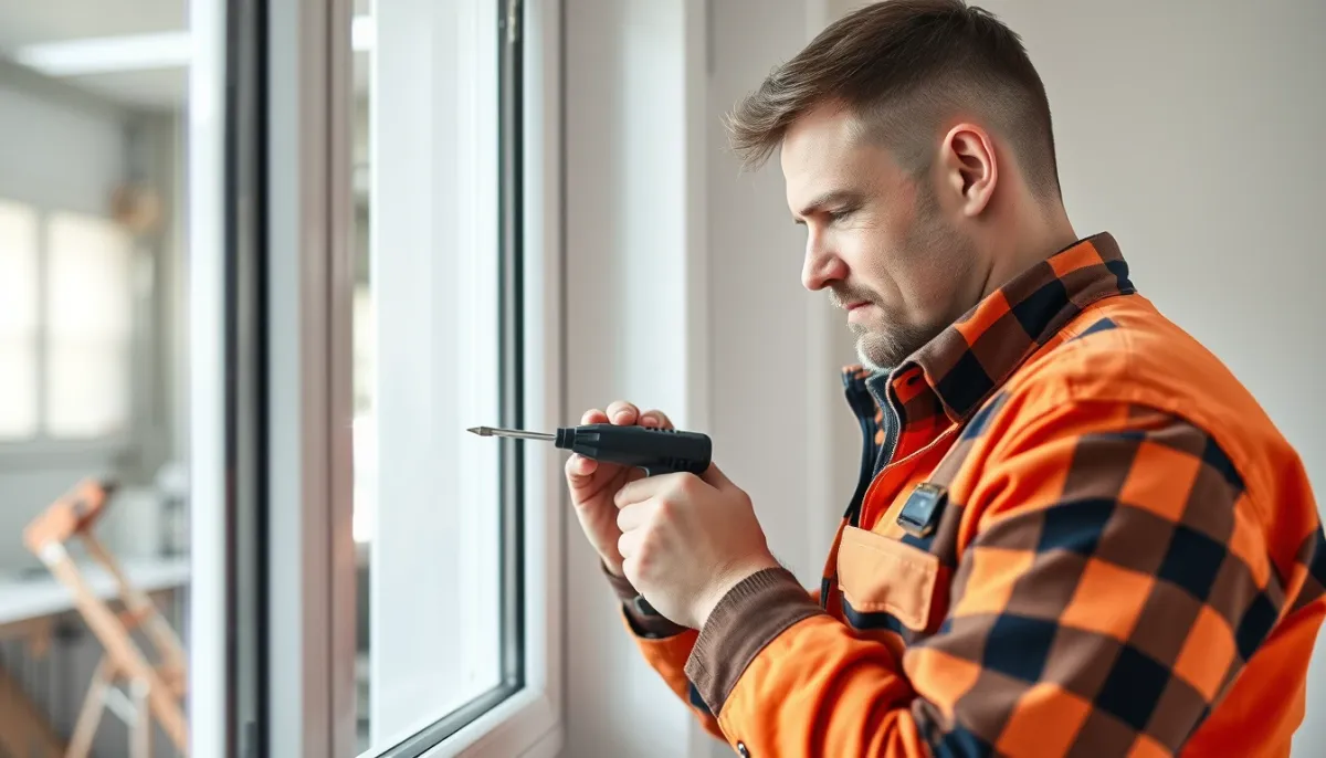 Installateur professionnel vérifiant l'état d'une fenêtre PVC