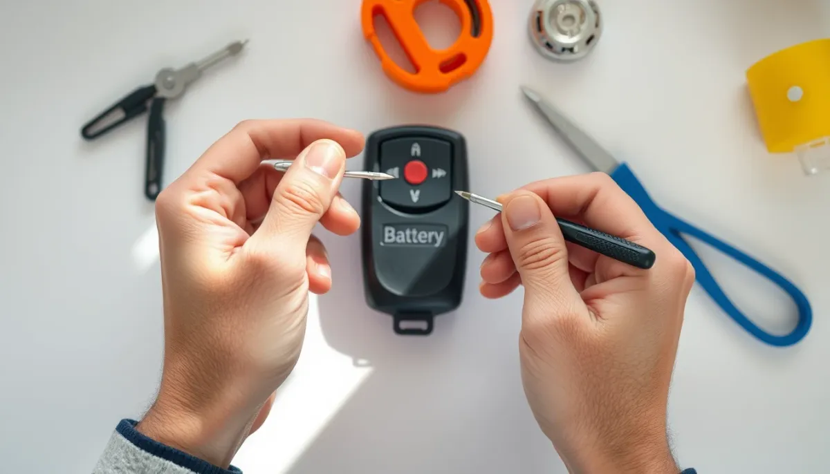 Mains remplaçant la pile d'une télécommande de porte de garage