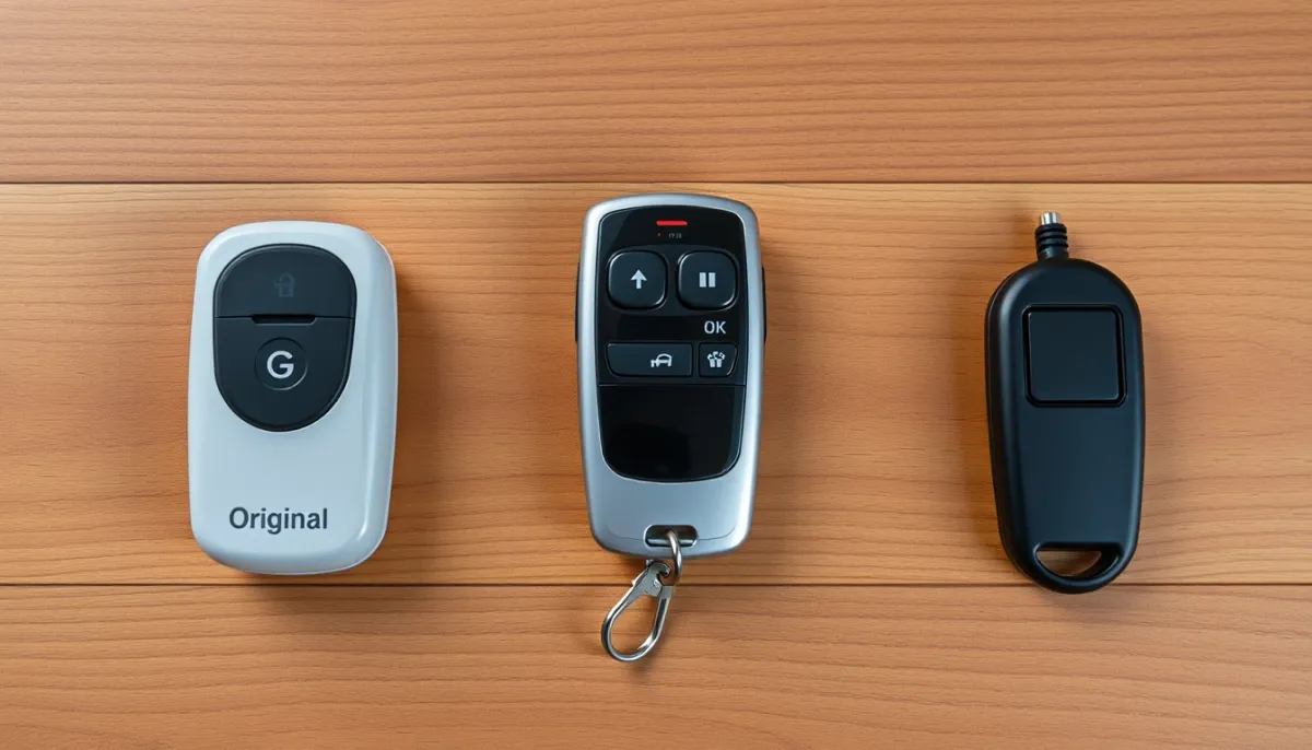 Trois télécommandes de porte de garage différentes alignées pour comparaison