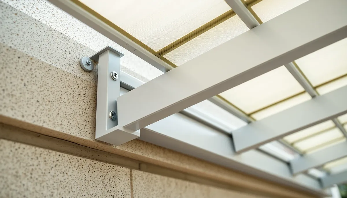 Détail de la fixation murale d'un auvent en aluminium, montrant la robustesse et la finition