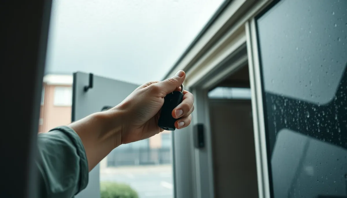 Personne cherchant ses clés à l'abri sous un auvent de porte d'entrée pendant une pluie légère