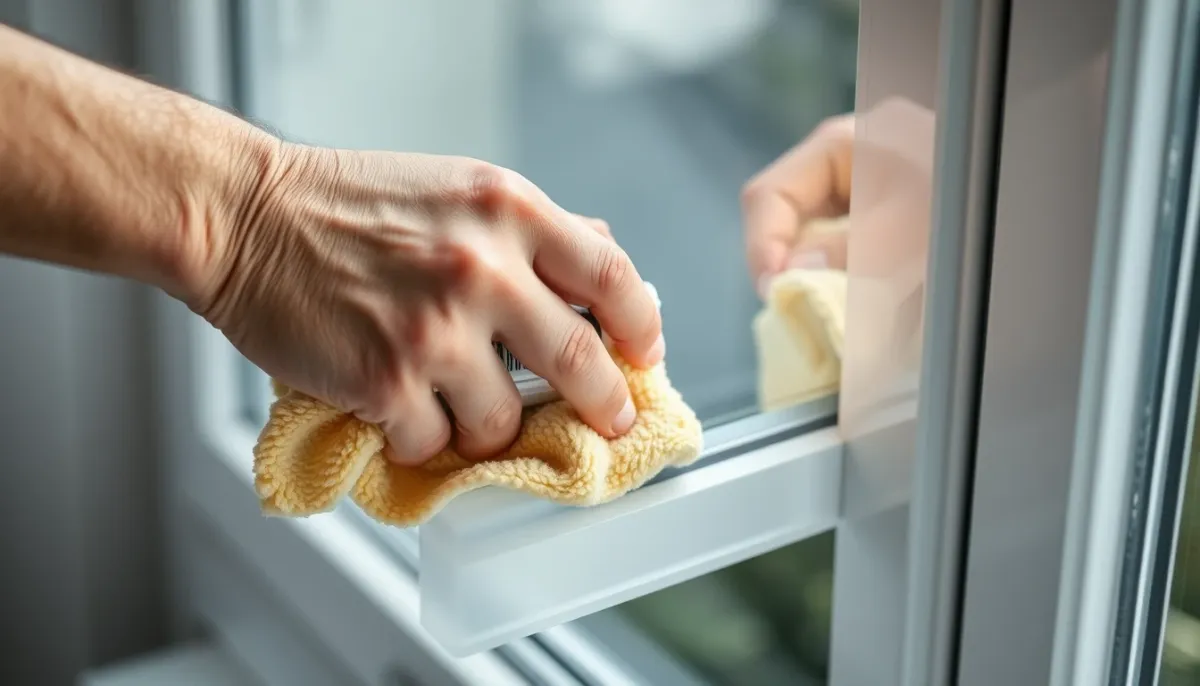 Entretien des joints de fenêtre PVC avec un chiffon et un lubrifiant