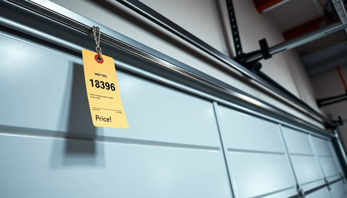 Pose d'une porte de garage standard avec outils et étiquette de prix