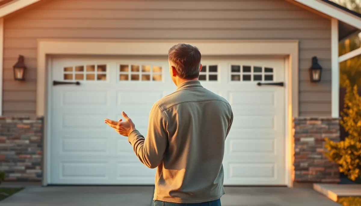 Propriétaire satisfait devant sa nouvelle porte de garage standard