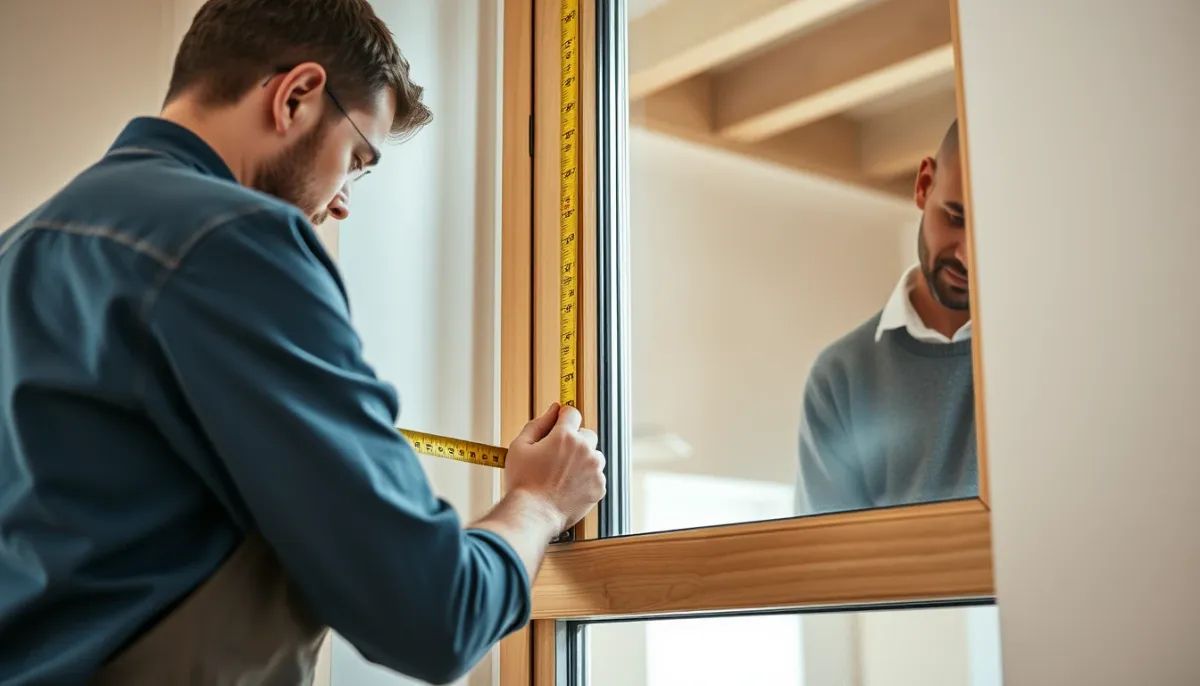 Installateur professionnel mesurant une fenêtre pour remplacer un vitrage