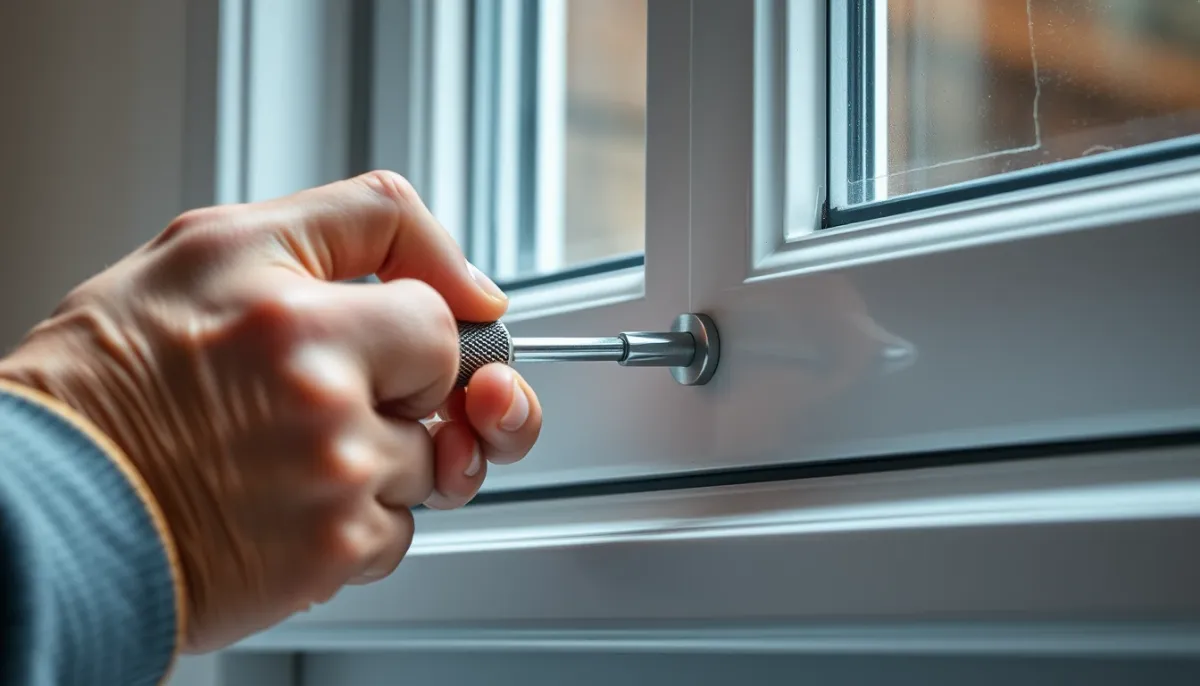 Mains tenant un tournevis pour resserrer une vis sur un gond de fenêtre PVC
