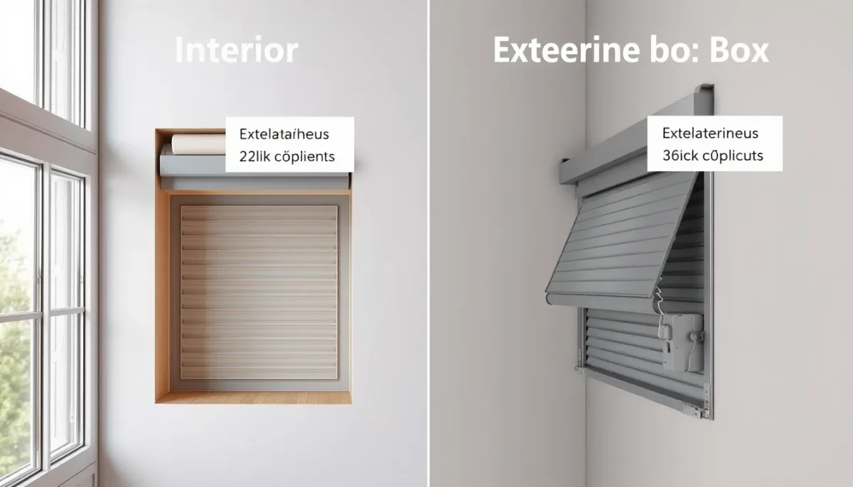 Comparaison technique entre un coffre de volet roulant intérieur et extérieur, montrant l'isolation et la pose