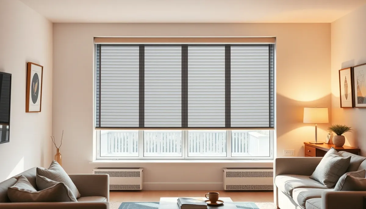 Salon lumineux avec une grande fenêtre équipée d'un coffre de volet roulant extérieur, offrant une belle luminosité intérieure