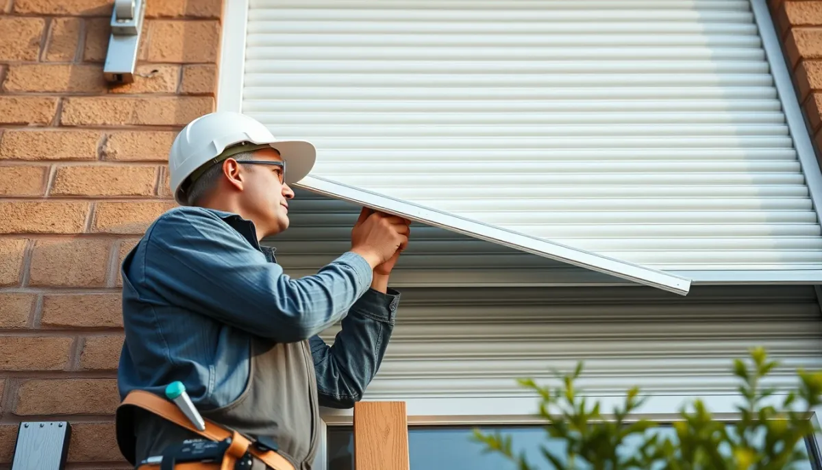Professionnel installant un coffre de volet roulant extérieur sur une façade de maison