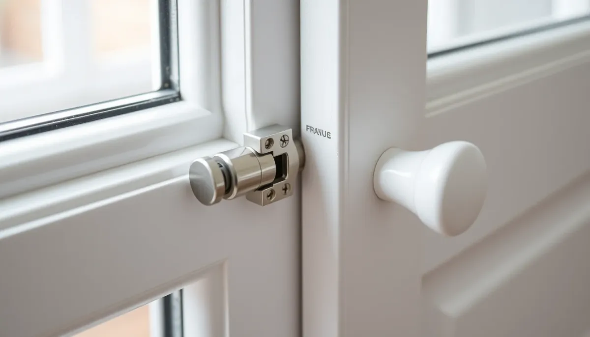 Gros plan sur les joints et la quincaillerie d'une porte-fenêtre PVC à la française