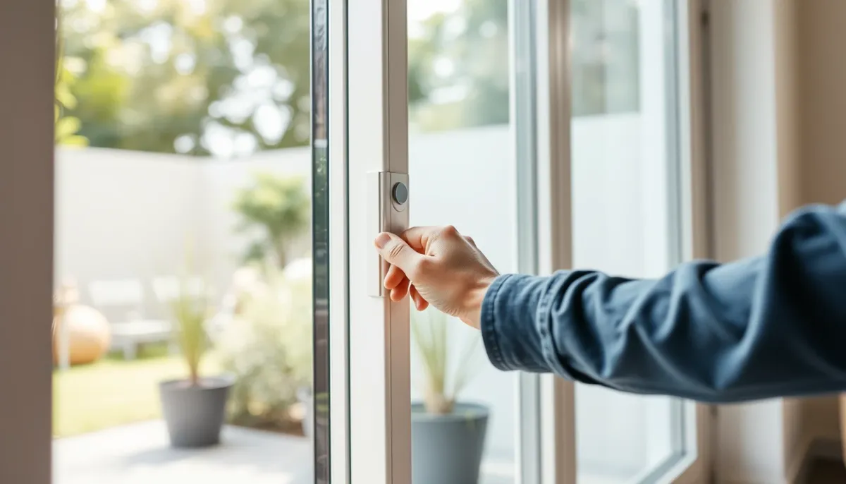 Main actionnant l'ouverture d'une porte-fenêtre PVC coulissante