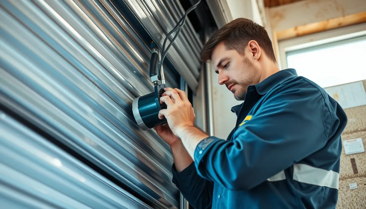 Technicien installant un moteur électrique dans un coffre de volet roulant